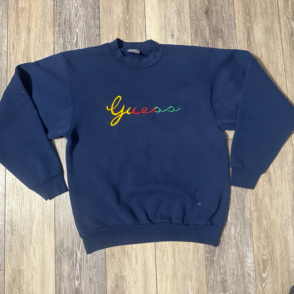 Vintage Navy Crewneck with embroidered “Guess” design